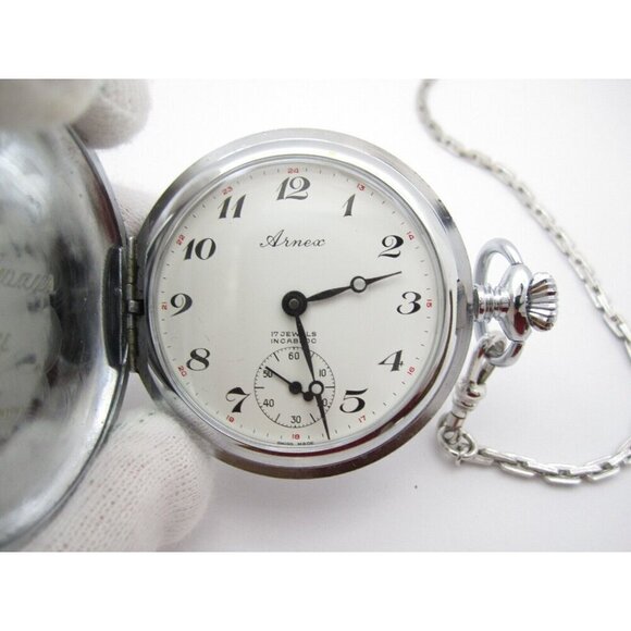 Vtg Arnex 17 Jewel Incabloc Hand Wind Analog 37mm Hunter Pocket Watch (H171) - Picture 4 of 7
